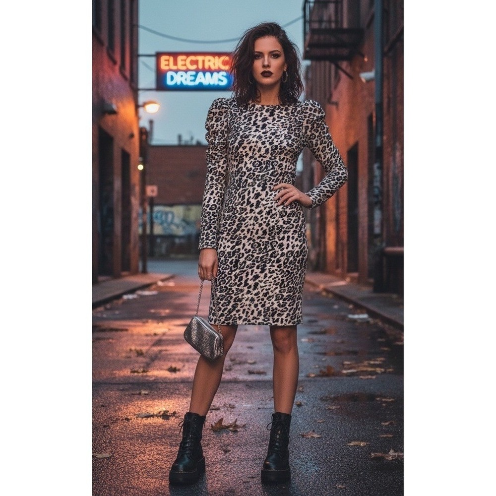 🔥Vince Camuto🖤Leopard Print Ponte Sheath Dress Puffy Shoulder Sleeves Sexy$129